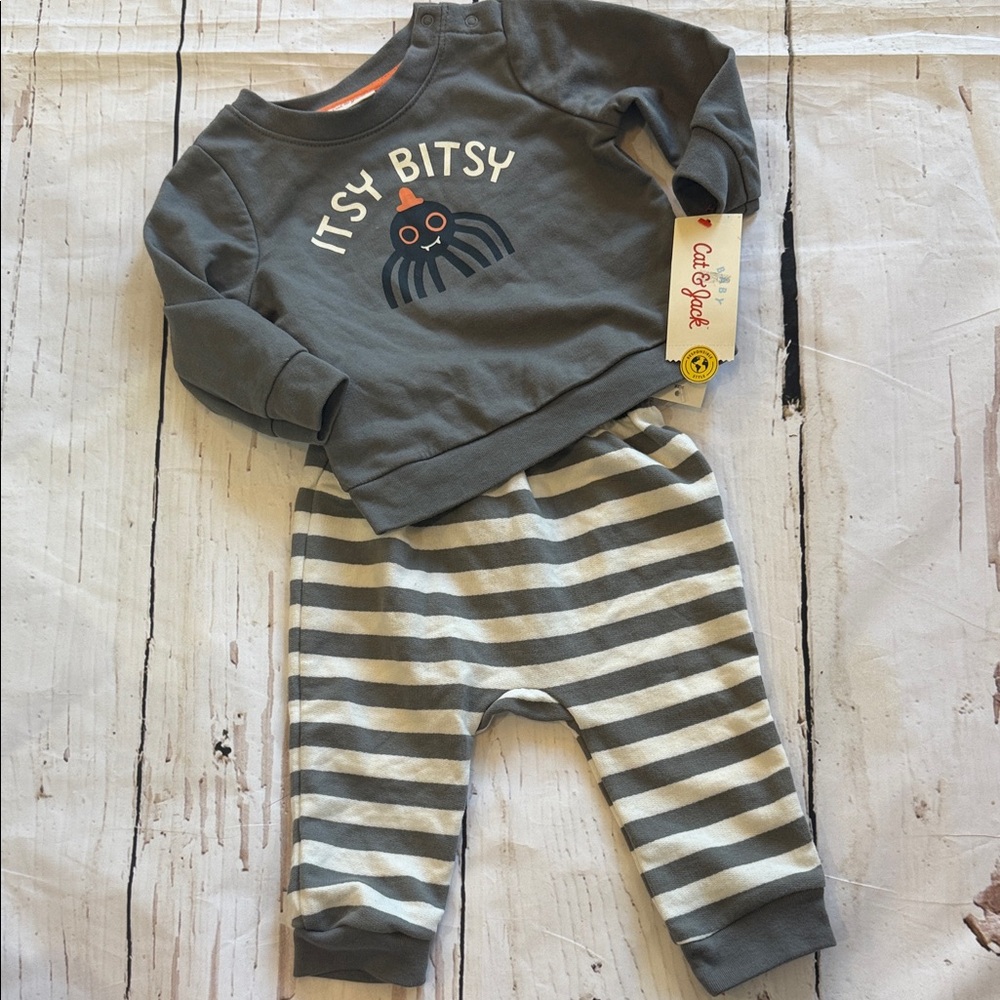 Cat & Jack Halloween Top w/ Gray and White Striped Bottoms